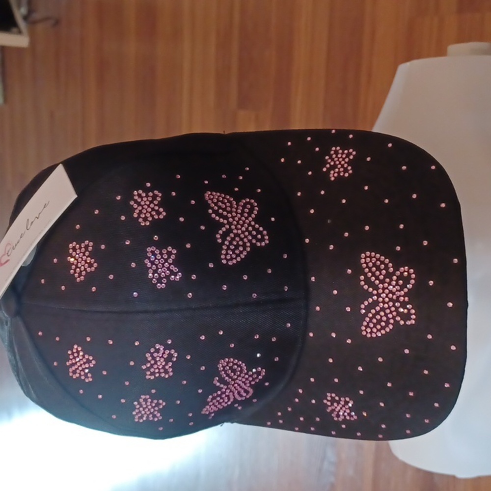 True Love brand adjustable Black Cap with Pink Butterfly Rhinestones (NWT)